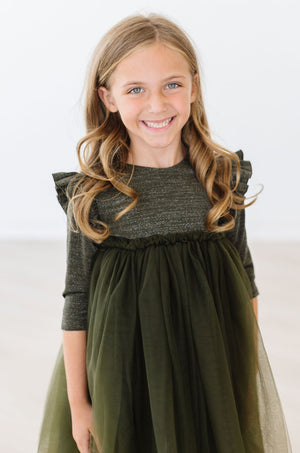 Olive Shimmer 3/4 Sleeve Tutu Dress-dogsvalley ®