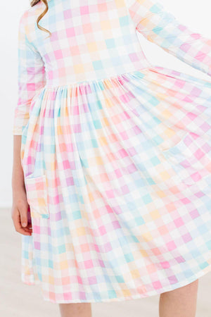 Pastel Plaid 3/4 Sleeve Pocket Twirl Dress-dogsvalley ®