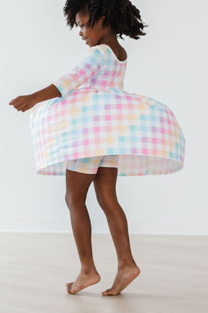 Pastel Plaid 3/4 Sleeve Pocket Twirl Dress-dogsvalley ®