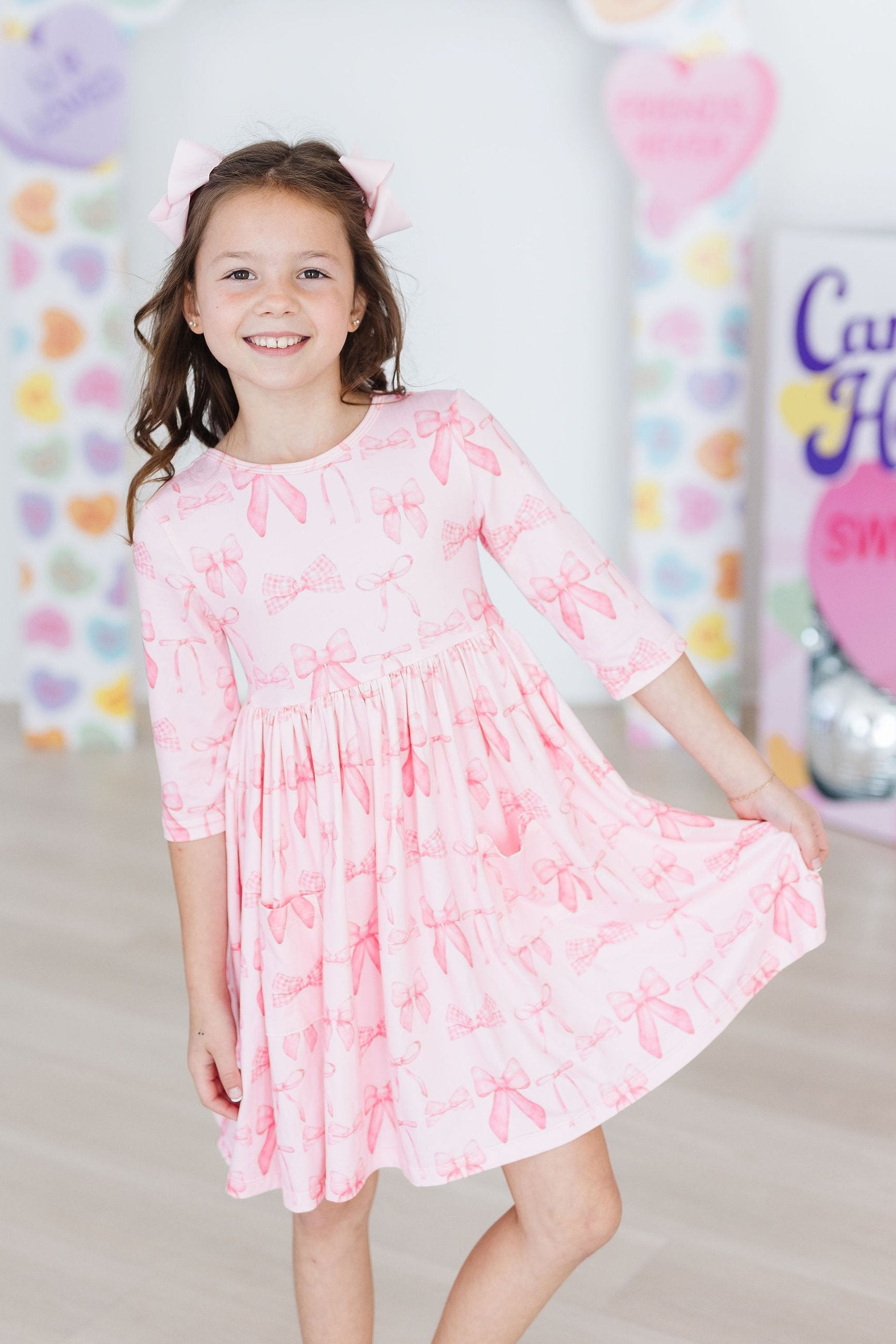 Blushing Bows 3/4 Sleeve Pocket Twirl Dress-dogsvalley ®