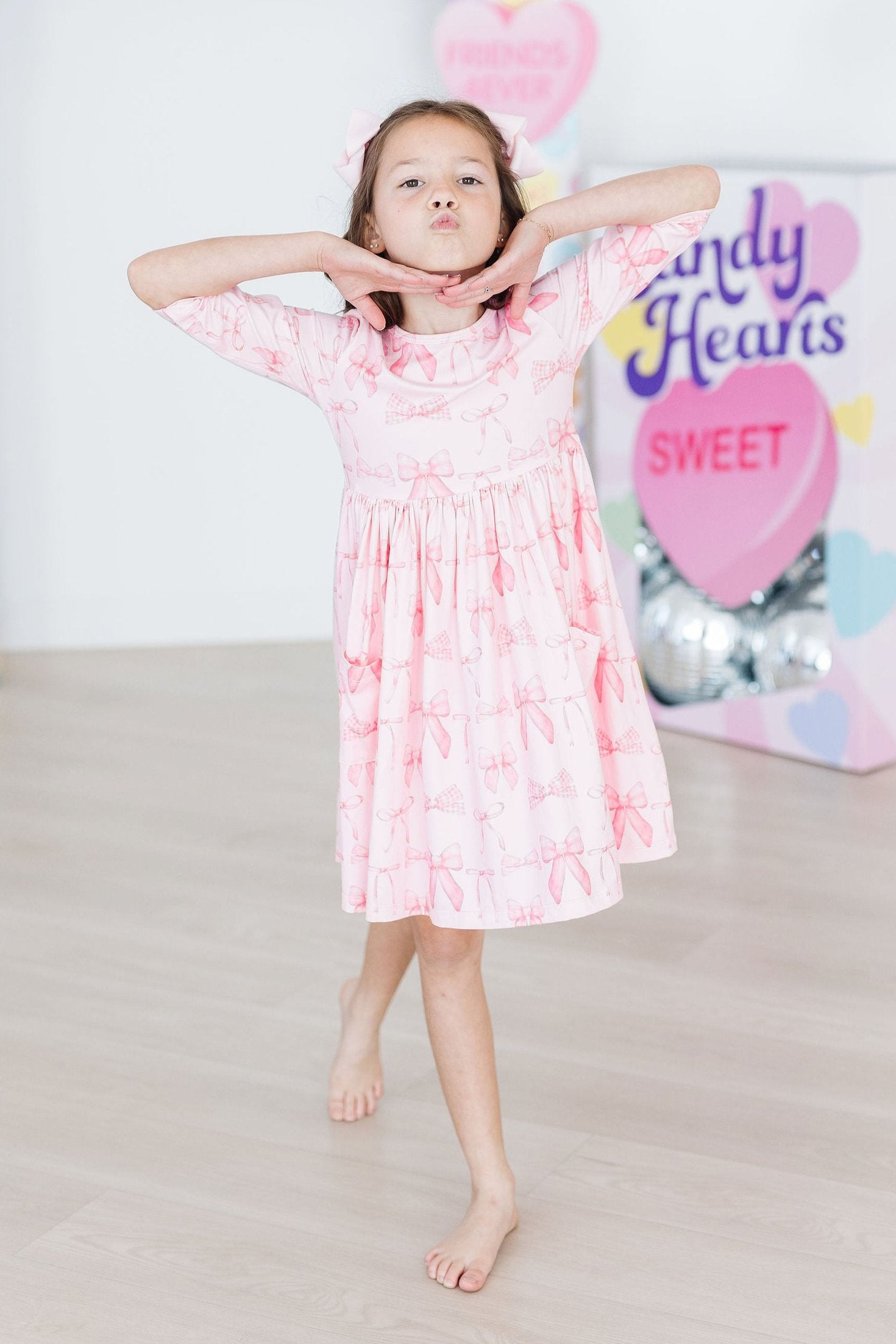 Blushing Bows 3/4 Sleeve Pocket Twirl Dress-dogsvalley ®