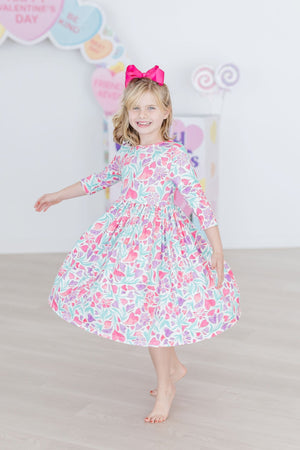 Watercolor Hearts 3/4 Sleeve Pocket Twirl Dress-dogsvalley ®