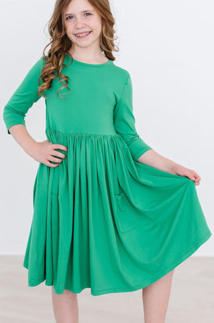 Kelly Green 3/4 Sleeve Pocket Twirl Dress-dogsvalley ®