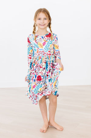 Winter Berries 3/4 Sleeve Pocket Twirl Dress-dogsvalley ®