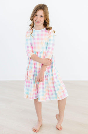 Pastel Plaid 3/4 Sleeve Pocket Twirl Dress-dogsvalley ®