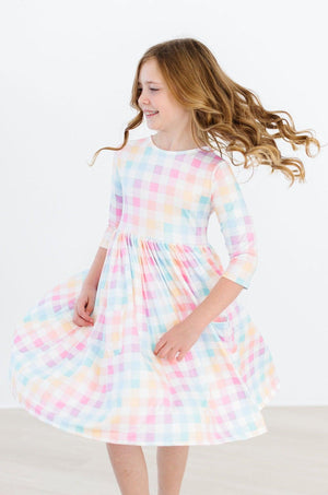 Pastel Plaid 3/4 Sleeve Pocket Twirl Dress-dogsvalley ®