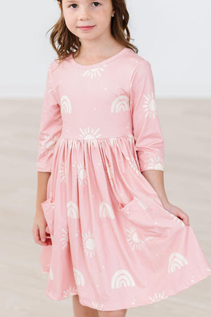 Soft Pink Suns 3/4 Sleeve Pocket Twirl Dress-dogsvalley ®