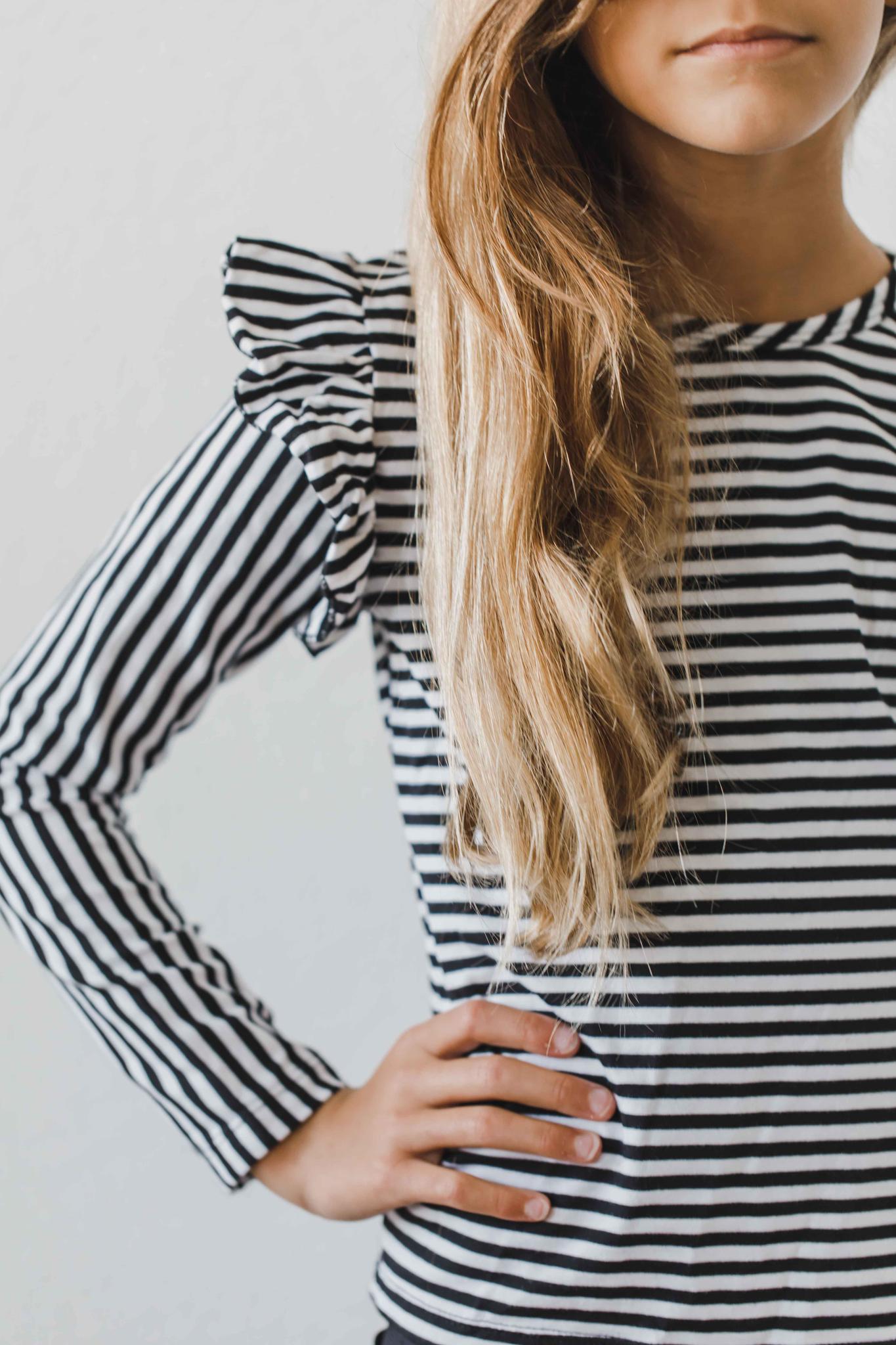 Black & White Stripe L/S Ruffle Tee-dogsvalley ®