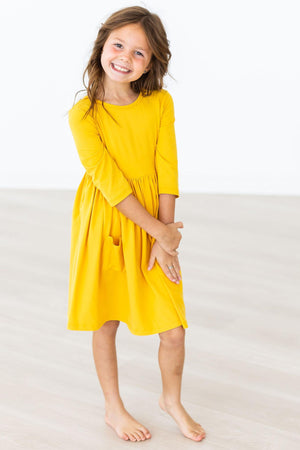 Mustard 3/4 Sleeve Pocket Twirl Dress-dogsvalley ®