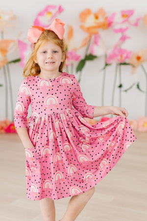 Rainbow Wishes 3/4 Sleeve Pocket Twirl Dress-dogsvalley ®