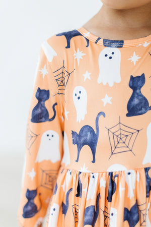 Spooky Kitty 3/4 Sleeve Pocket Twirl Dress-dogsvalley ®