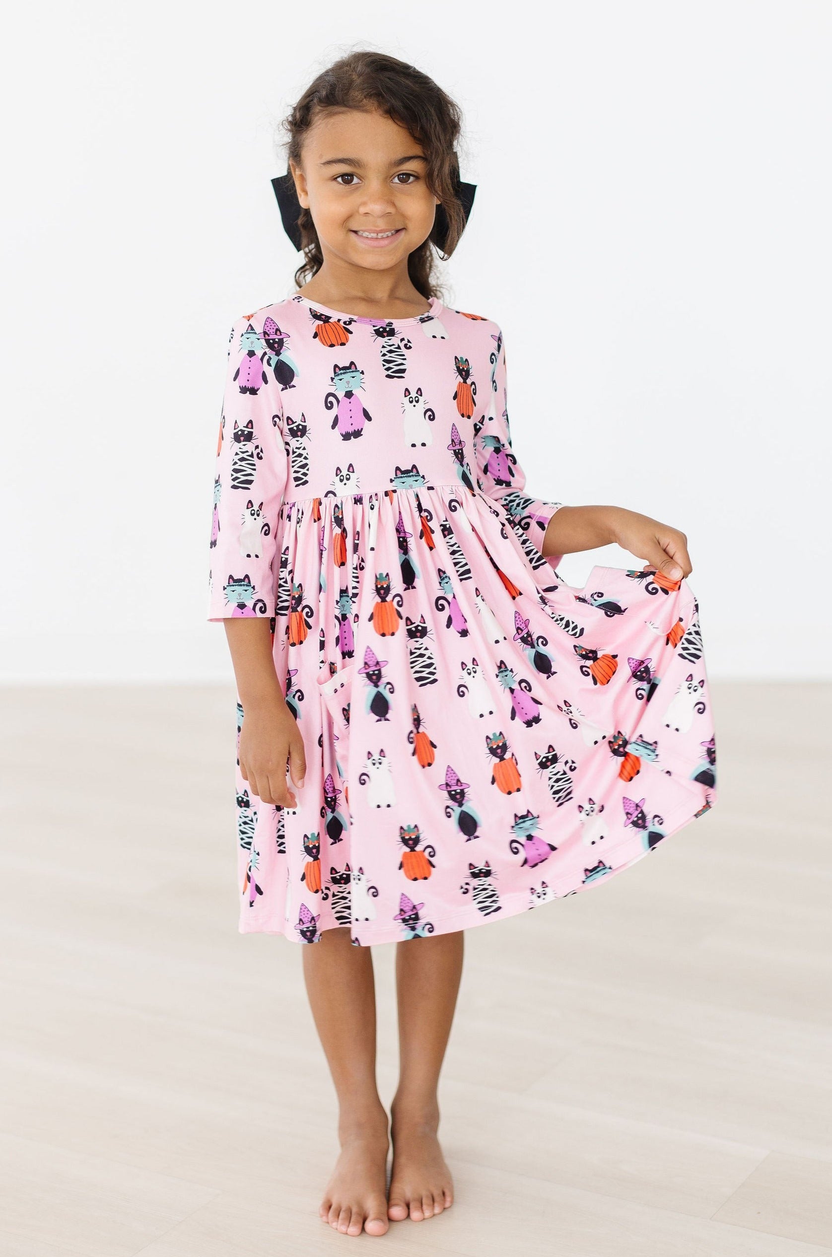 Purr-fectly Spooky 3/4 Sleeve Pocket Twirl Dress-dogsvalley ®