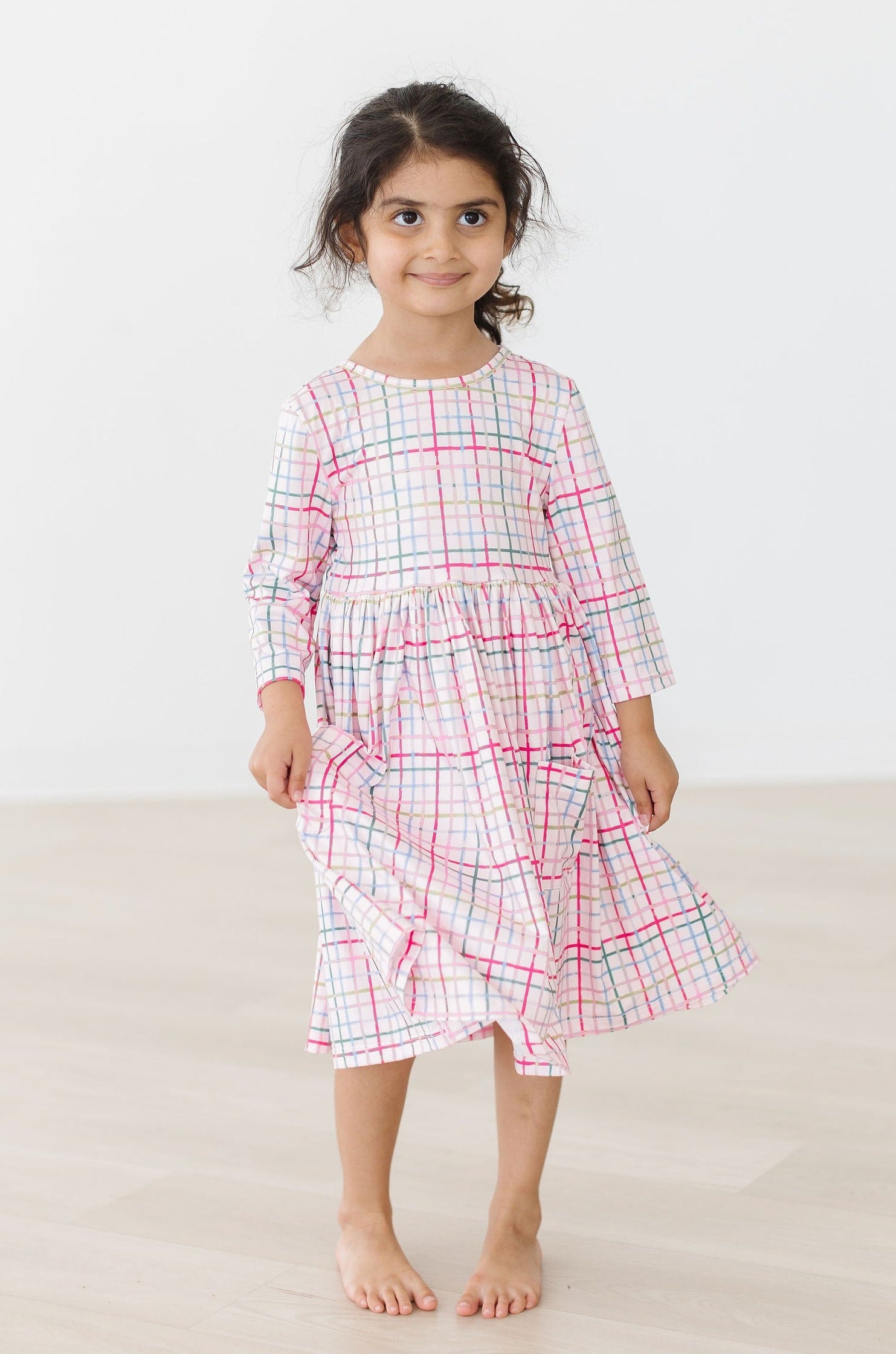 Pink Plaid 3/4 Sleeve Pocket Twirl Dress-dogsvalley ®