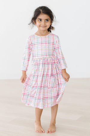 Pink Plaid 3/4 Sleeve Pocket Twirl Dress-dogsvalley ®