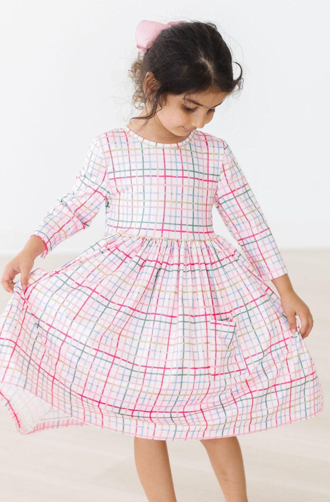 Pink Plaid 3/4 Sleeve Pocket Twirl Dress-dogsvalley ®