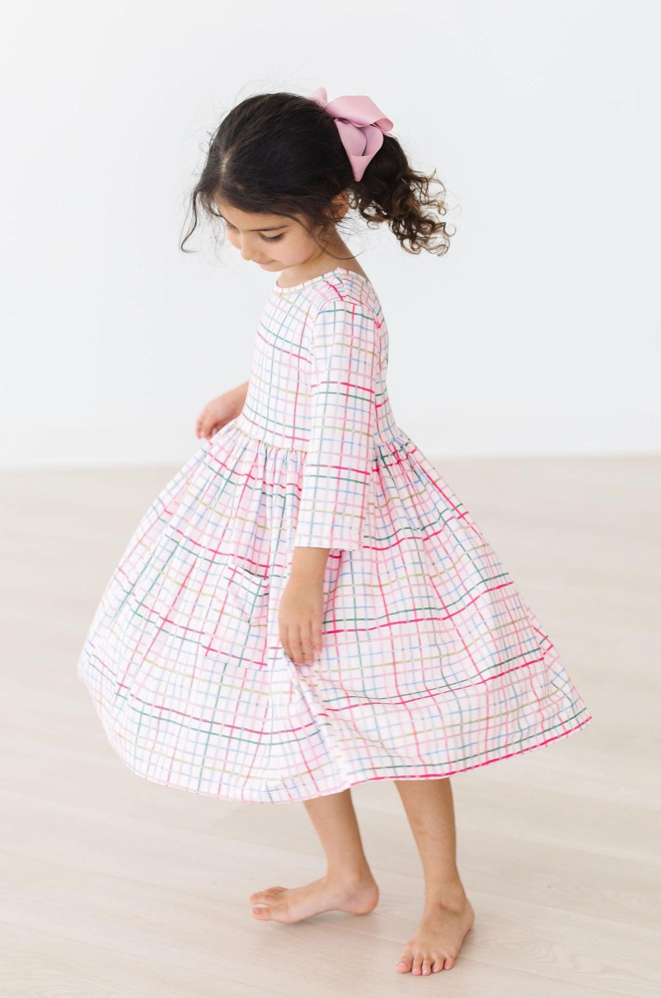 Pink Plaid 3/4 Sleeve Pocket Twirl Dress-dogsvalley ®