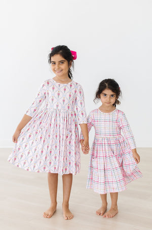 Pink Plaid 3/4 Sleeve Pocket Twirl Dress-dogsvalley ®