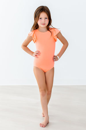 Neon Coral S/S Flutter Sleeve Leotard-dogsvalley ®