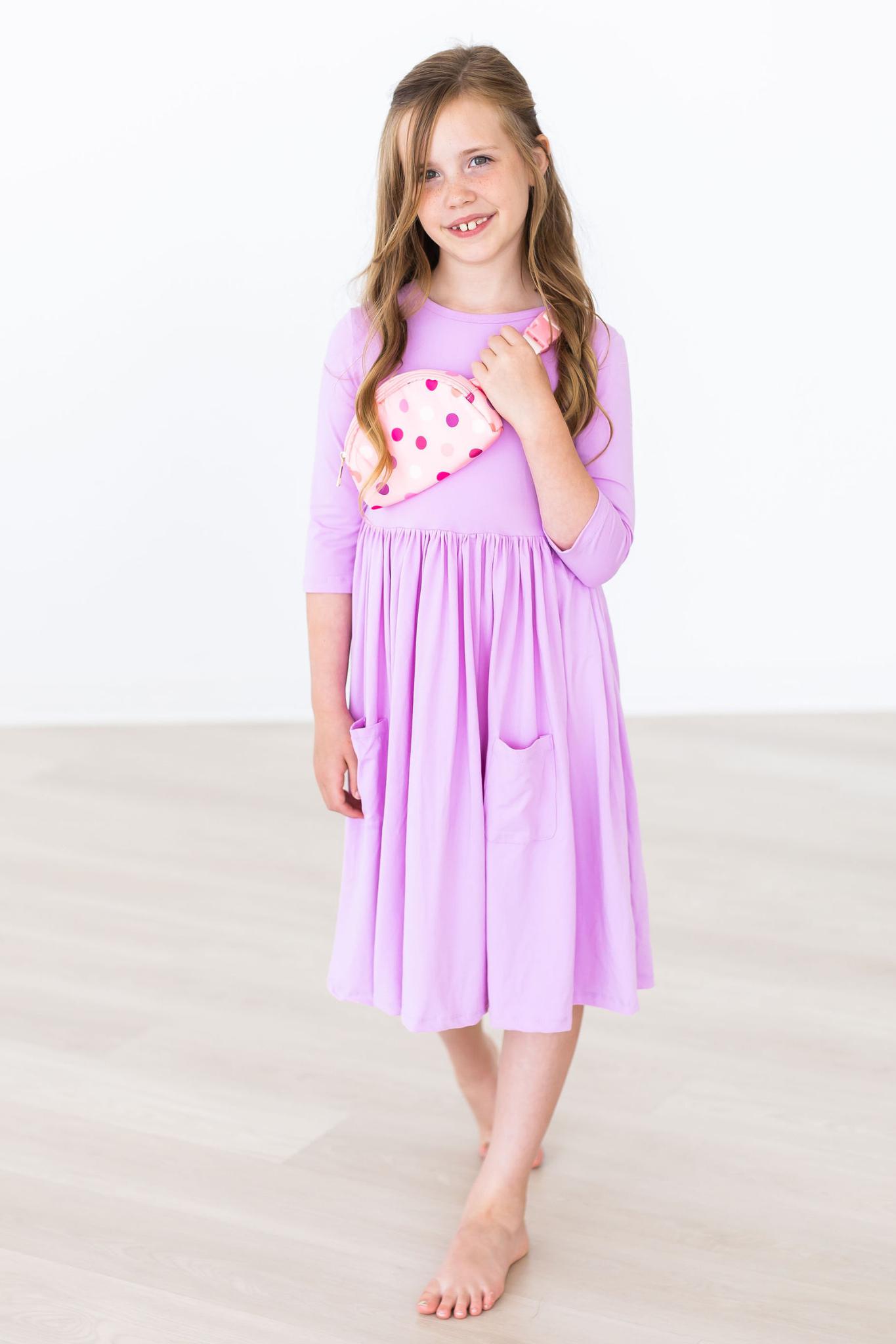 Bright Lilac 3/4 Sleeve Pocket Twirl Dress-dogsvalley ®