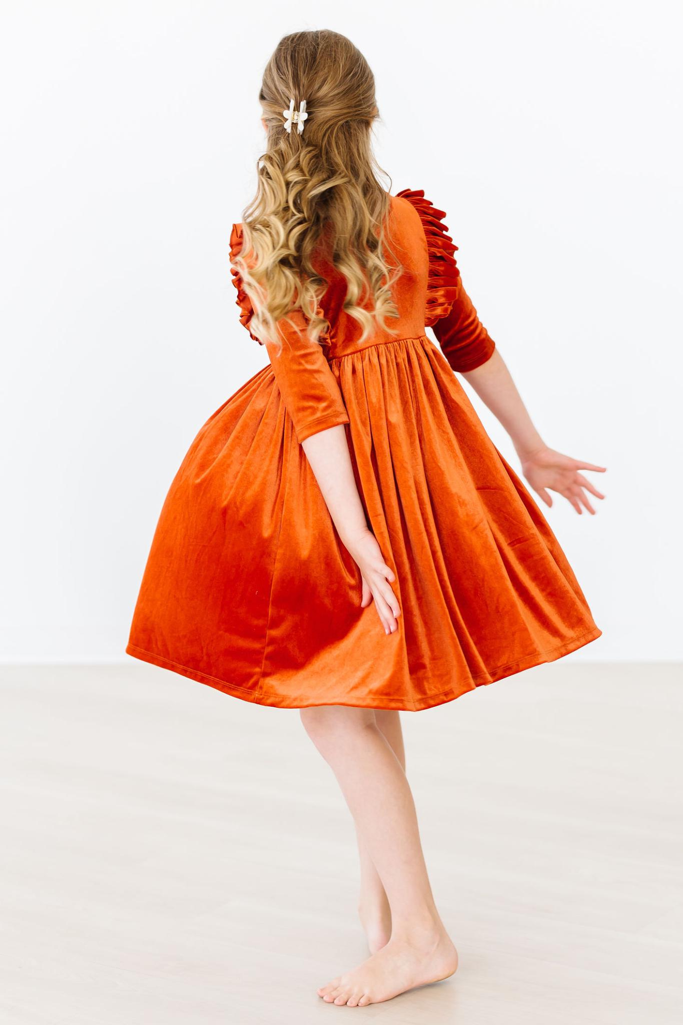 Pumpkin Spice Velvet Ruffle Twirl Dress-dogsvalley ®