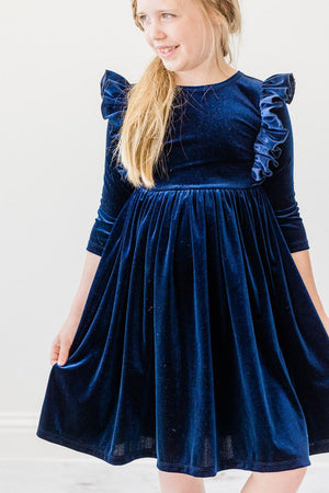 Navy Velvet Ruffle Twirl Dress-dogsvalley ®