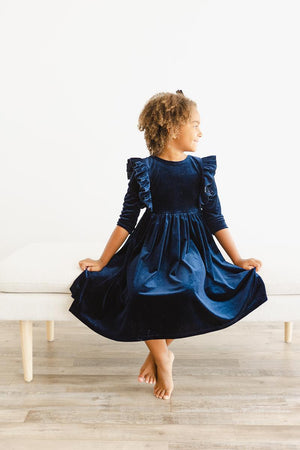 Navy Velvet Ruffle Twirl Dress-dogsvalley ®