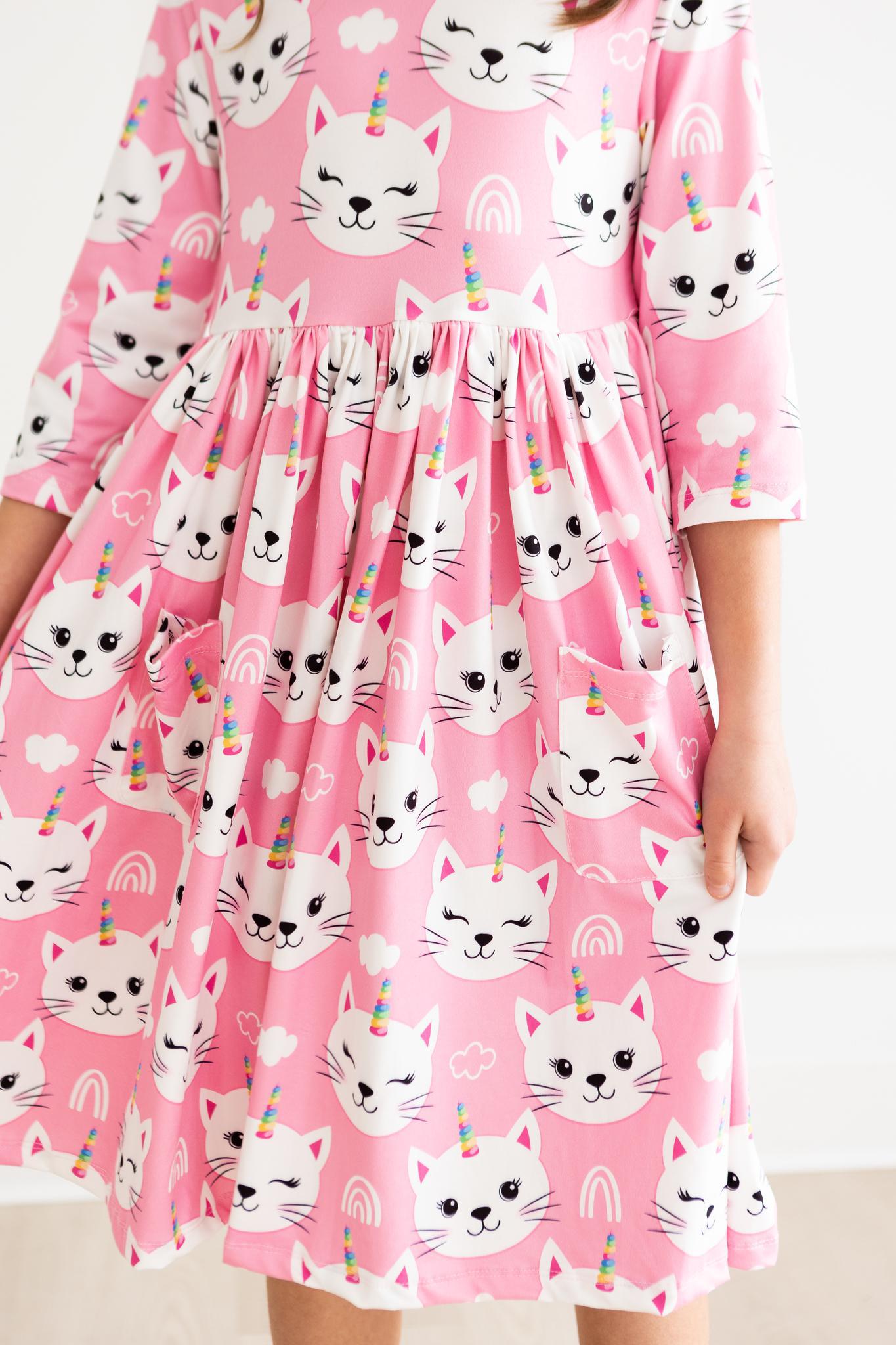 Unicorn Kitties 3/4 Sleeve Pocket Twirl Dress-dogsvalley ®