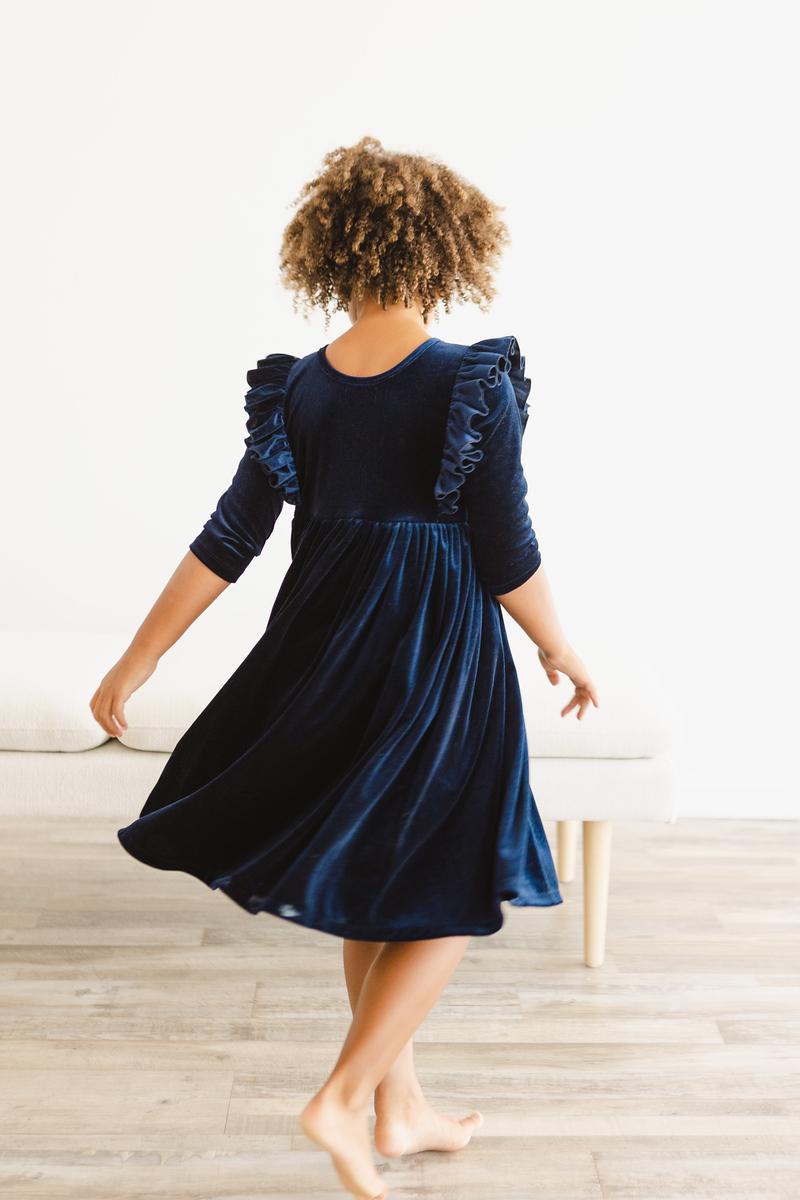 Navy Velvet Ruffle Twirl Dress-dogsvalley ®