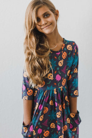 Skeleton Web 3/4 Sleeve Pocket Twirl Dress-dogsvalley ®