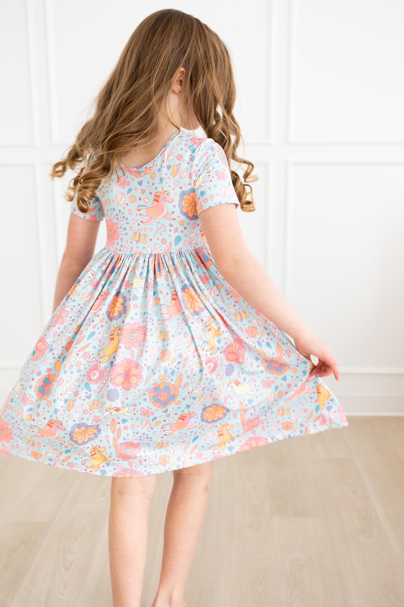 Blue Retro Unicorns S/S Pocket Twirl Dress-dogsvalley ®