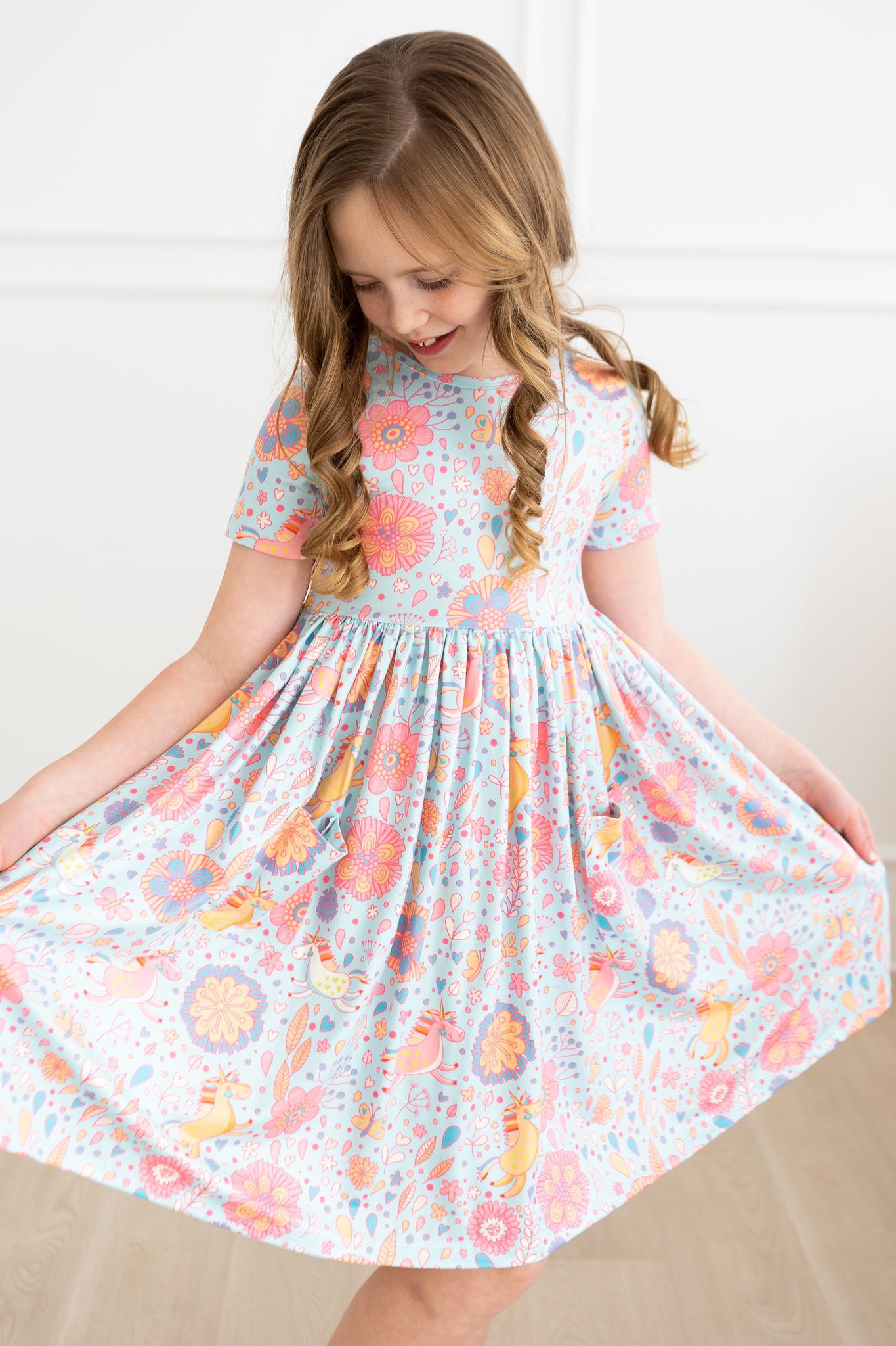 Blue Retro Unicorns S/S Pocket Twirl Dress-dogsvalley ®