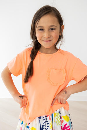 Neon Coral Ruffle Pocket Tee-dogsvalley ®