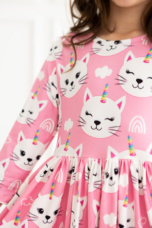 Unicorn Kitties 3/4 Sleeve Pocket Twirl Dress-dogsvalley ®