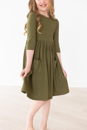 Olive 3/4 Sleeve Pocket Twirl Dress-dogsvalley ®