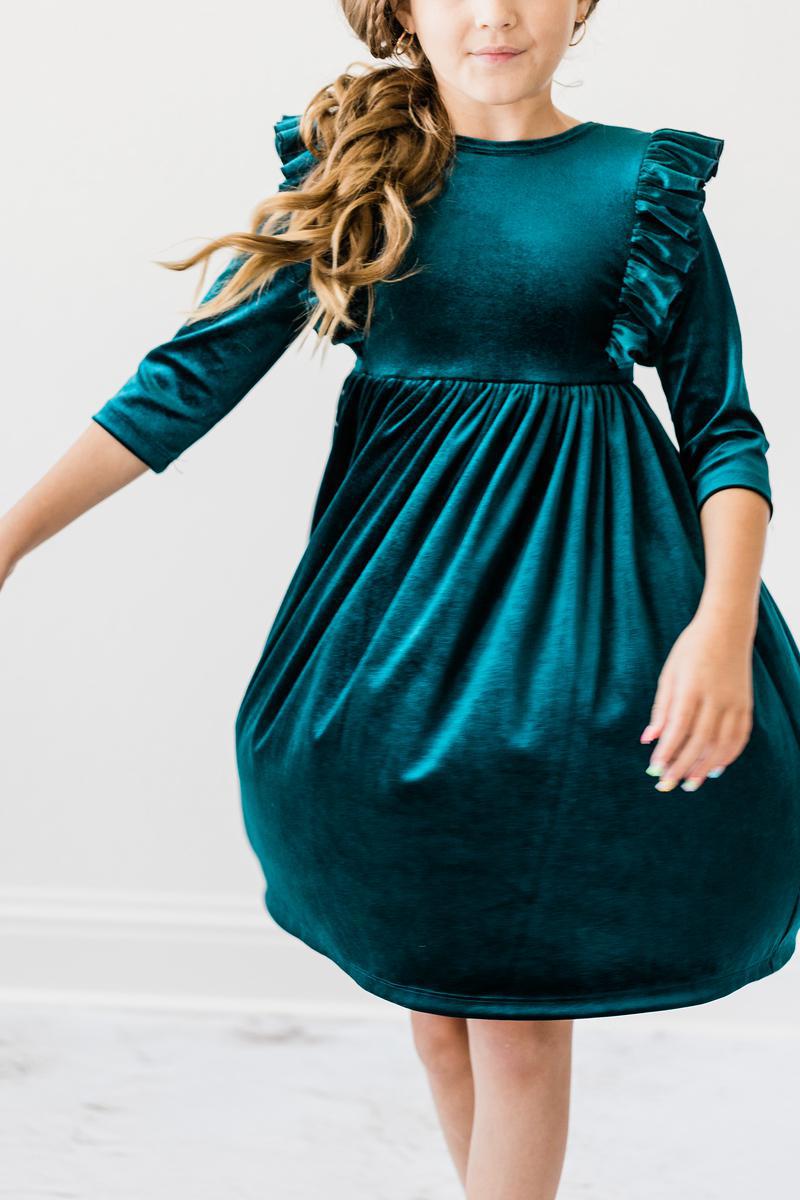 Teal Velvet Ruffle Twirl Dress-dogsvalley ®