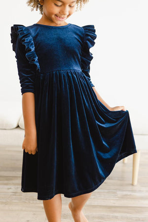 Navy Velvet Ruffle Twirl Dress-dogsvalley ®