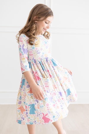 Pastel Floral Bunnies 3/4 Sleeve Pocket Twirl Dress-dogsvalley ®