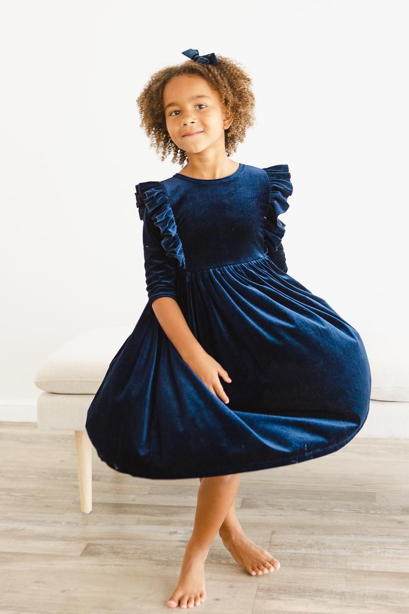 Navy Velvet Ruffle Twirl Dress-dogsvalley ®