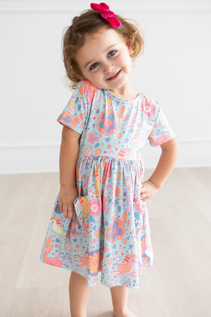 Blue Retro Unicorns S/S Pocket Twirl Dress-dogsvalley ®