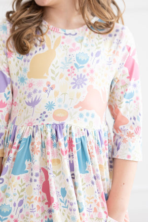 Pastel Floral Bunnies 3/4 Sleeve Pocket Twirl Dress-dogsvalley ®