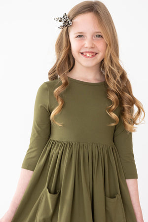 Olive 3/4 Sleeve Pocket Twirl Dress-dogsvalley ®