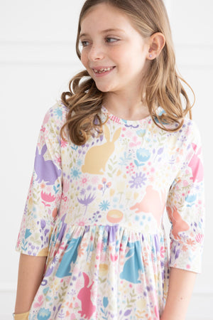 Pastel Floral Bunnies 3/4 Sleeve Pocket Twirl Dress-dogsvalley ®