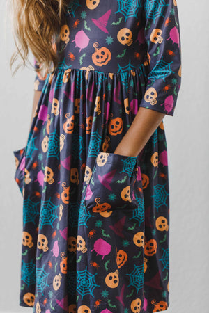 Skeleton Web 3/4 Sleeve Pocket Twirl Dress-dogsvalley ®