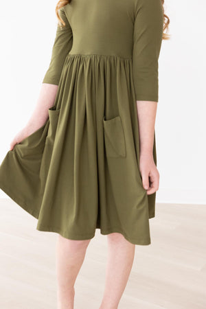 Olive 3/4 Sleeve Pocket Twirl Dress-dogsvalley ®