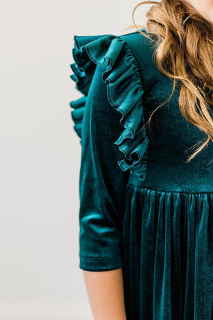 Teal Velvet Ruffle Twirl Dress-dogsvalley ®