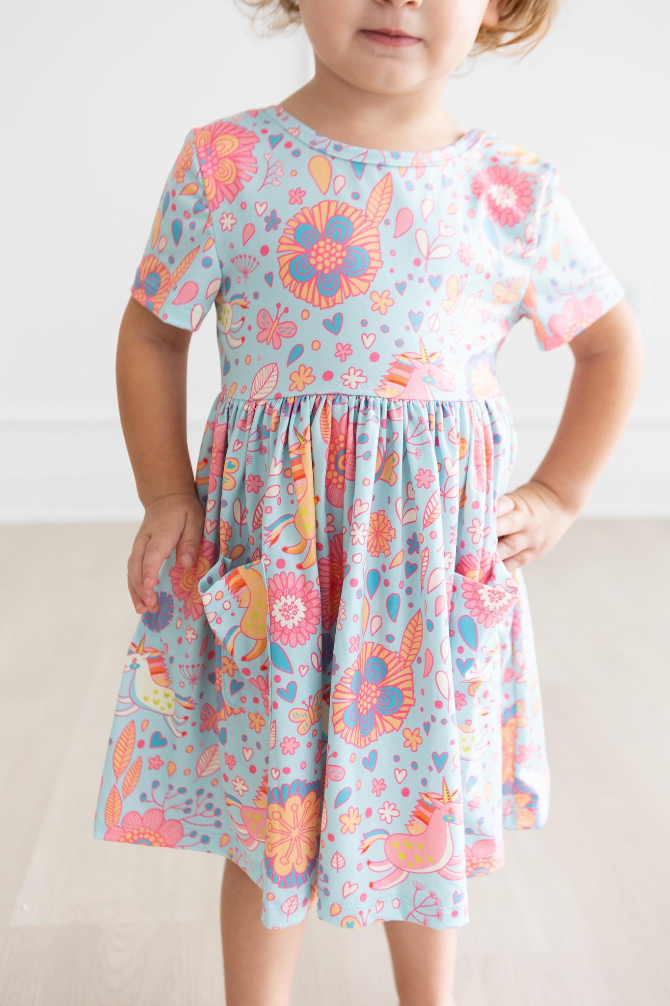 Blue Retro Unicorns S/S Pocket Twirl Dress-dogsvalley ®