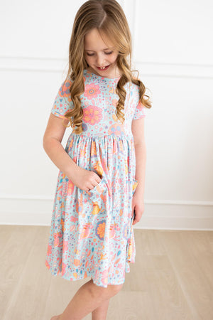 Blue Retro Unicorns S/S Pocket Twirl Dress-dogsvalley ®