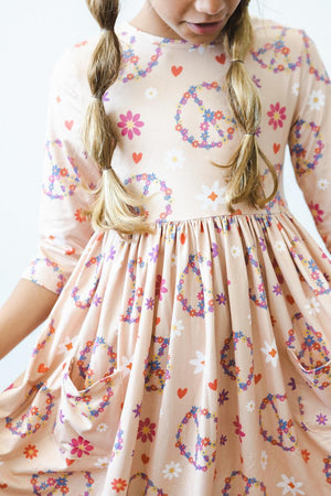 Flower Child 3/4 Sleeve Pocket Twirl Dress-dogsvalley ®