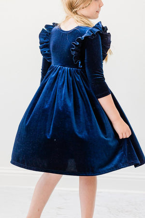 Navy Velvet Ruffle Twirl Dress-dogsvalley ®